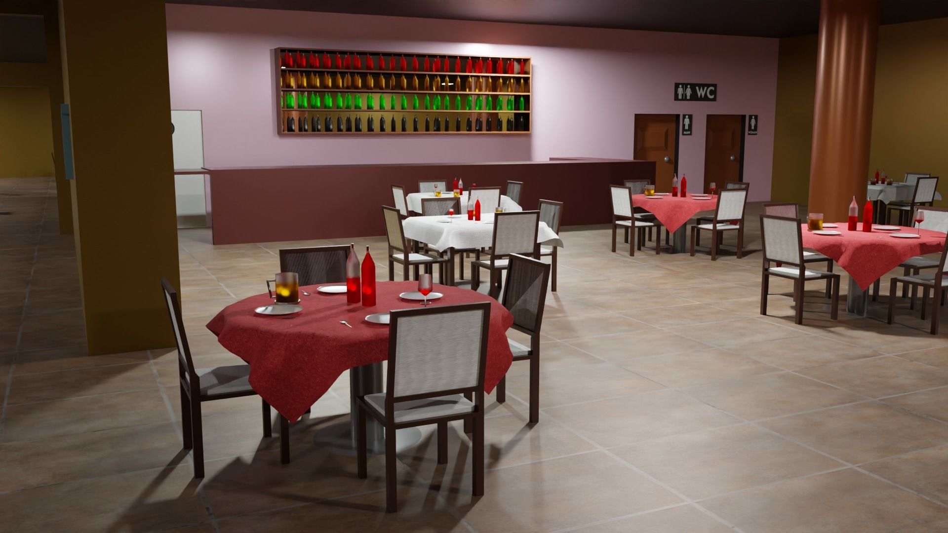 Restaurant with tables and chairs Low-poly 3D model_3