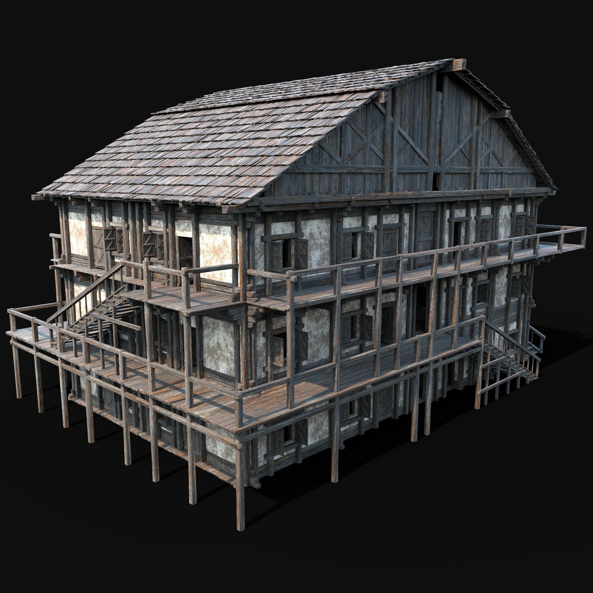TAVERN INN ENTERABLE MEDIEVAL HOUSE HUT FARM COTTAGE WOODEN AAA Low-poly 3D model_6