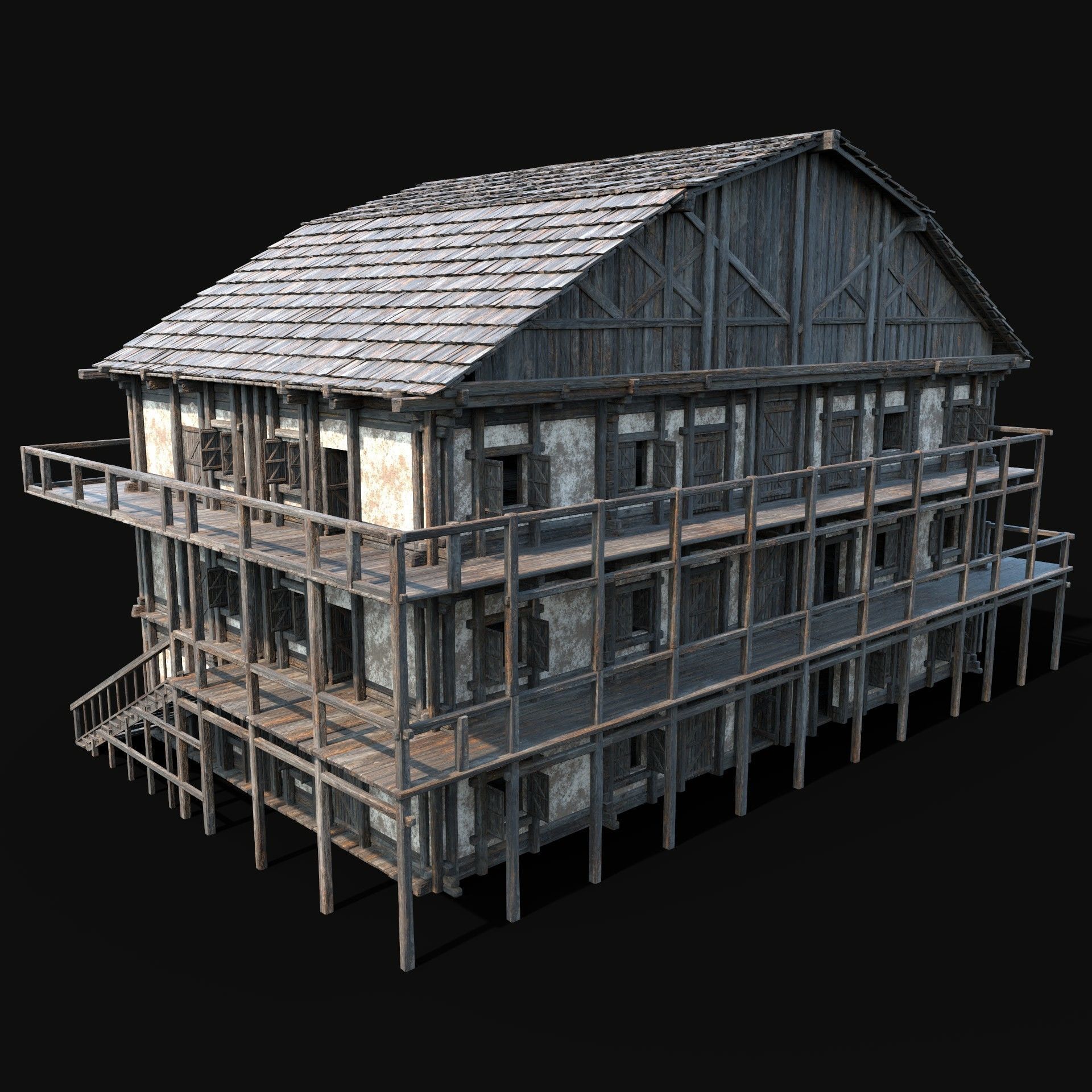 TAVERN INN ENTERABLE MEDIEVAL HOUSE HUT FARM COTTAGE WOODEN AAA Low-poly 3D model_2