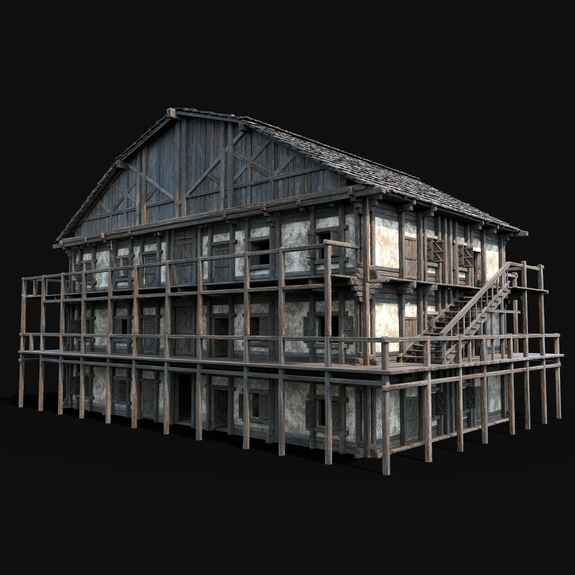 TAVERN INN ENTERABLE MEDIEVAL HOUSE HUT FARM COTTAGE WOODEN AAA Low-poly 3D model_4