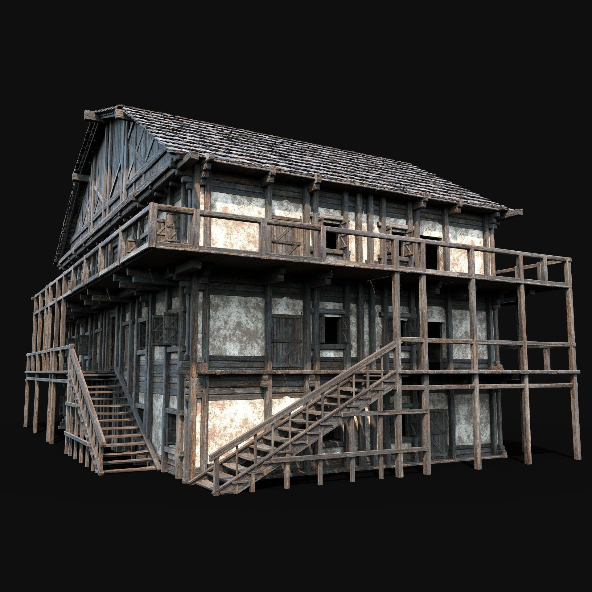 TAVERN INN ENTERABLE MEDIEVAL HOUSE HUT FARM COTTAGE WOODEN AAA Low-poly 3D model_1