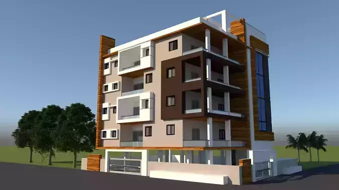 front 3d elevation of 5 strorey building