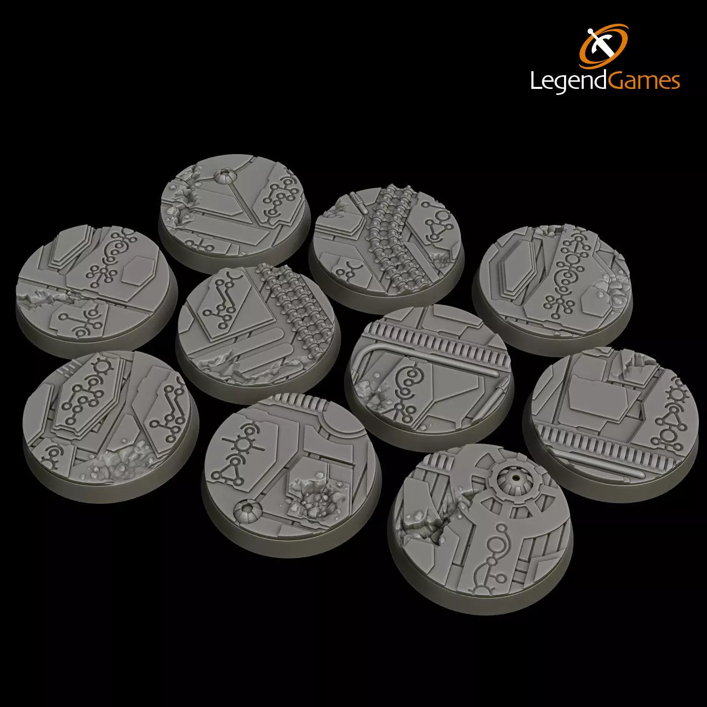 LegendGames 32mm round Necro Tech blasted bases  x10  3D print model_0
