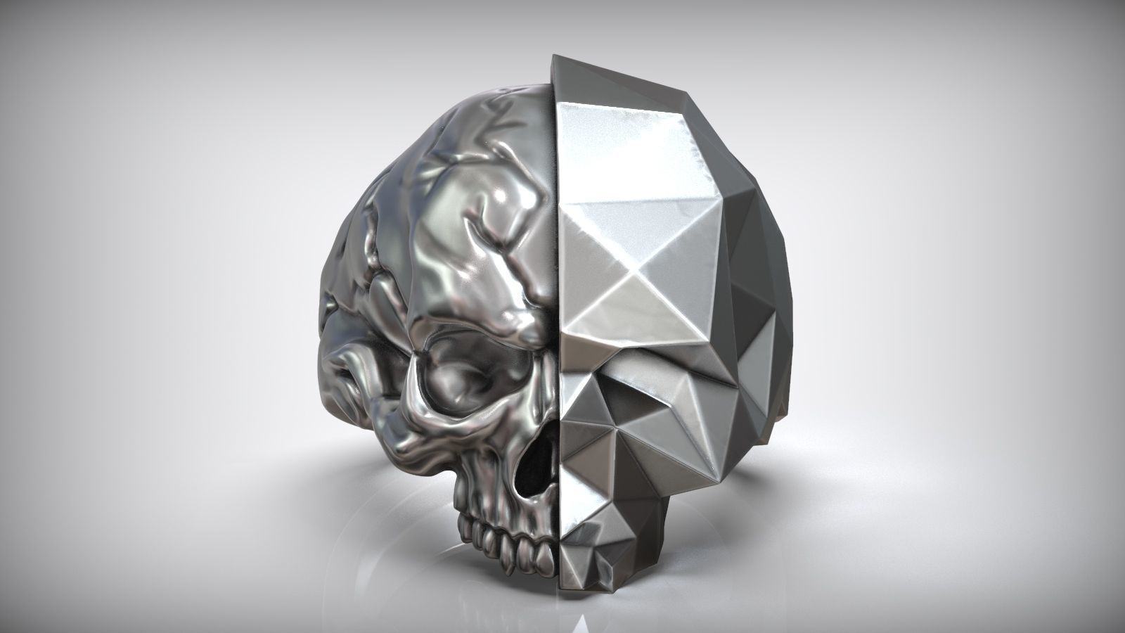 Half Skull Polygon Solid Blackened Ring 3D print model_2