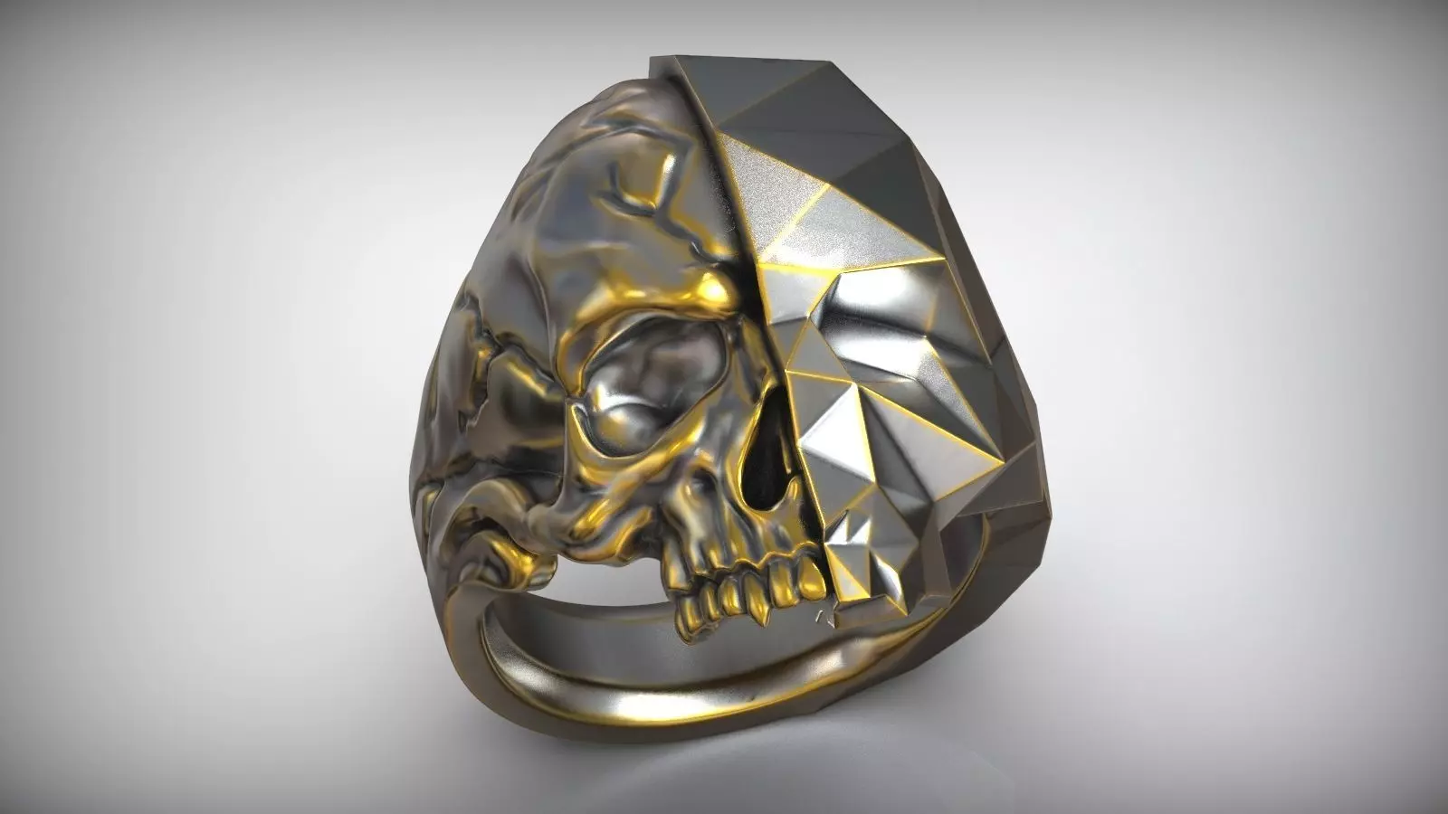 Half Skull Polygon Solid Blackened Ring 3D print model_0