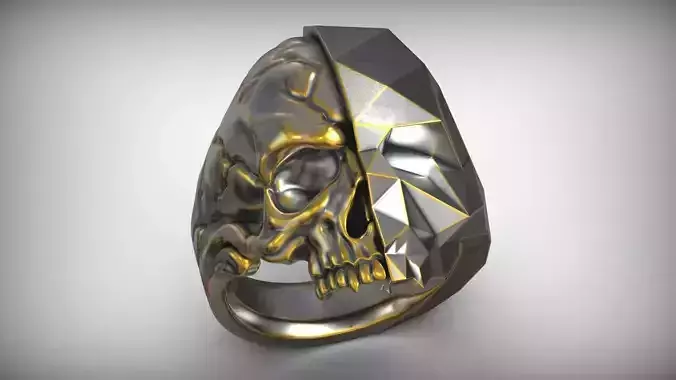Half Skull Polygon Solid Blackened Ring