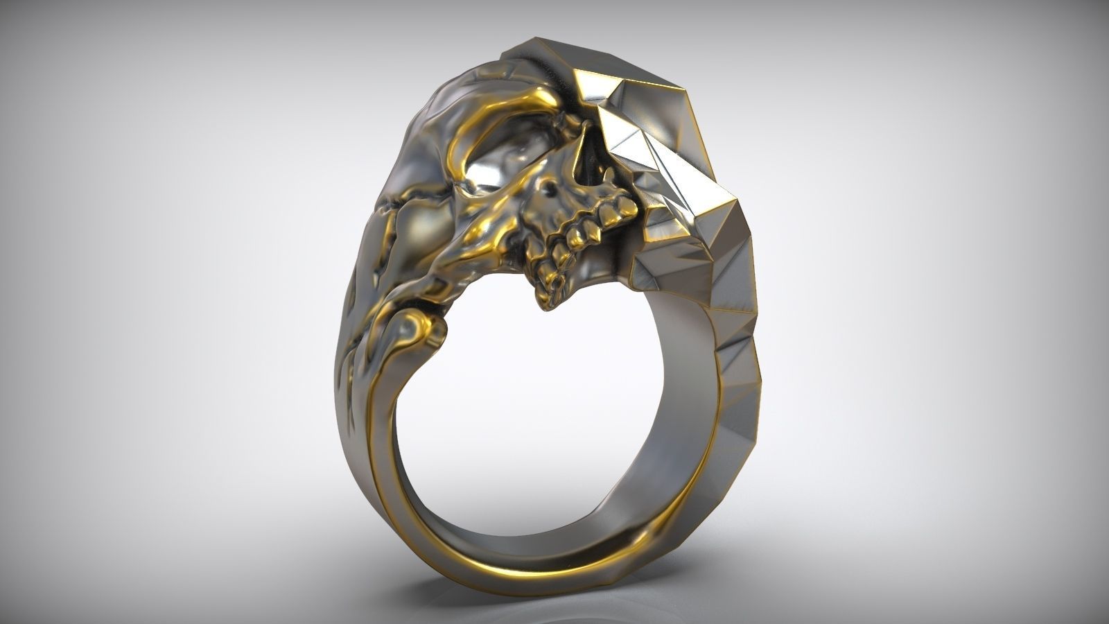 Half Skull Polygon Solid Blackened Ring 3D print model_3