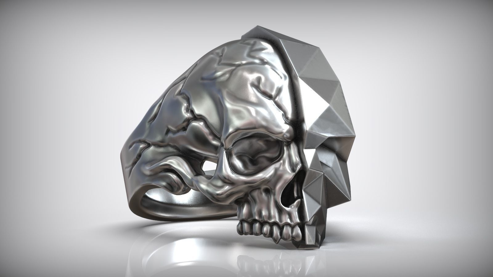 Half Skull Polygon Solid Blackened Ring 3D print model_1