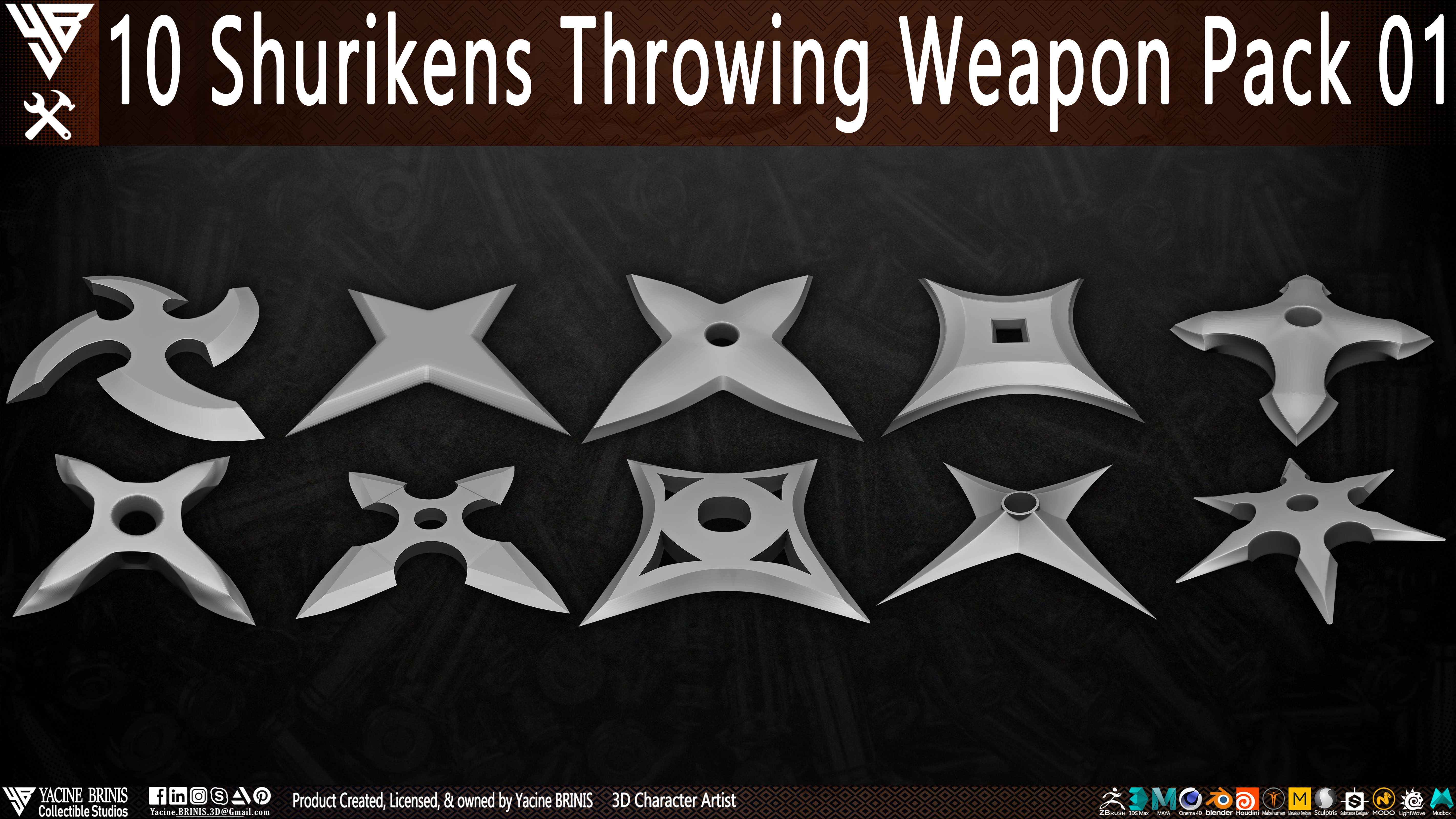10 Shuriken Throwing Weapons Pack 01 Low-poly 3D model_4