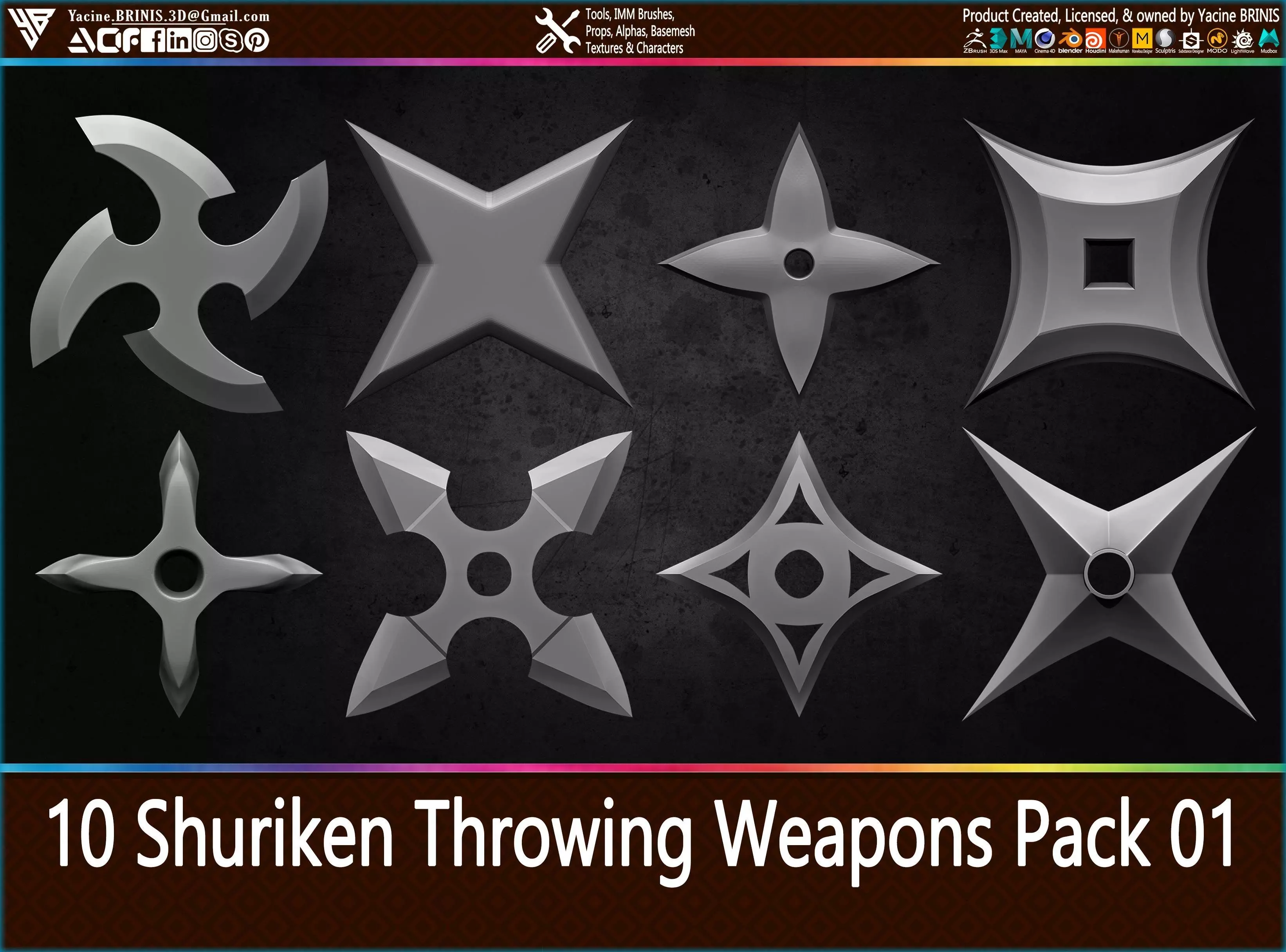 10 Shuriken Throwing Weapons Pack 01 Low-poly 3D model_0