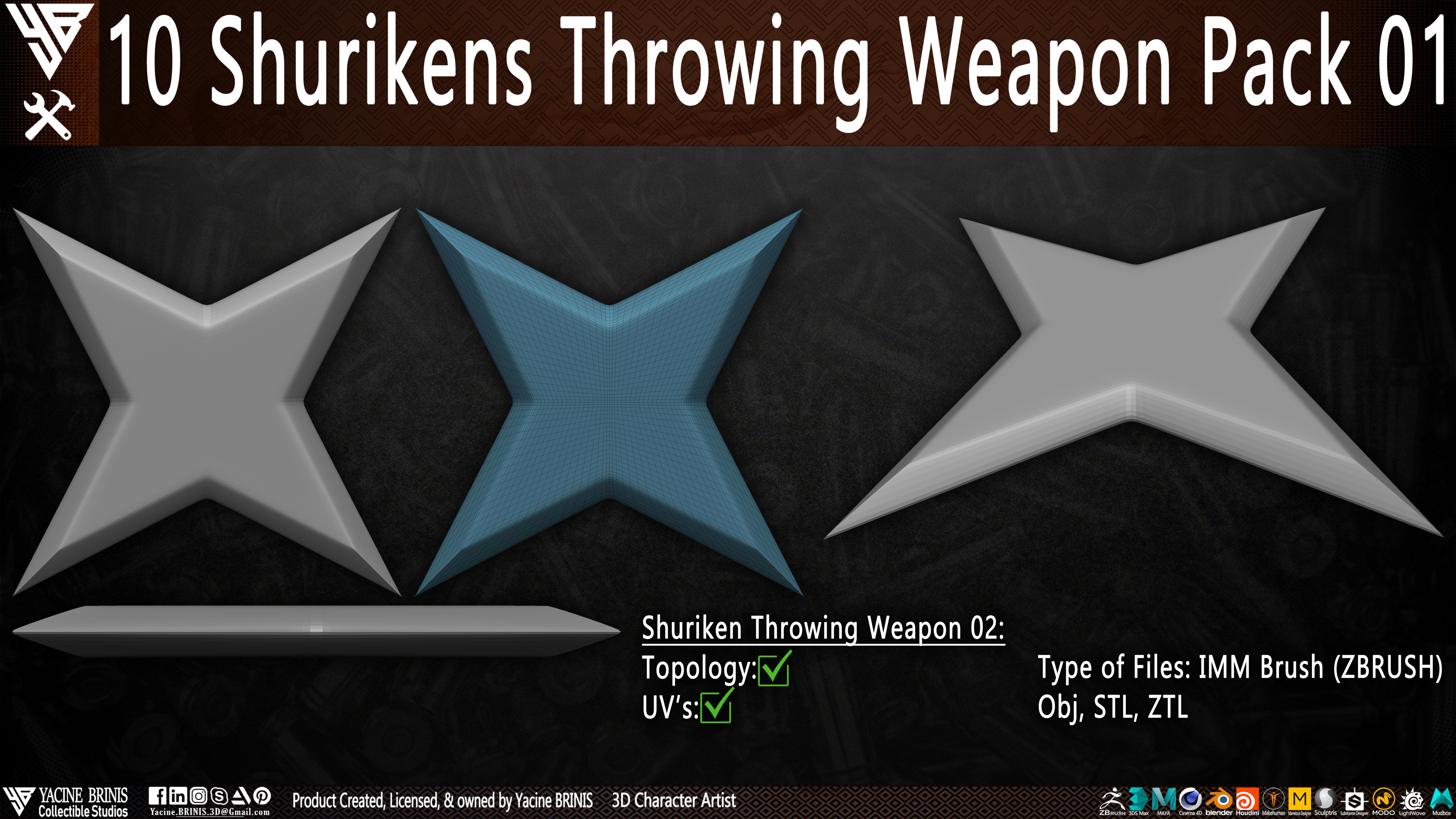 10 Shuriken Throwing Weapons Pack 01 Low-poly 3D model_6