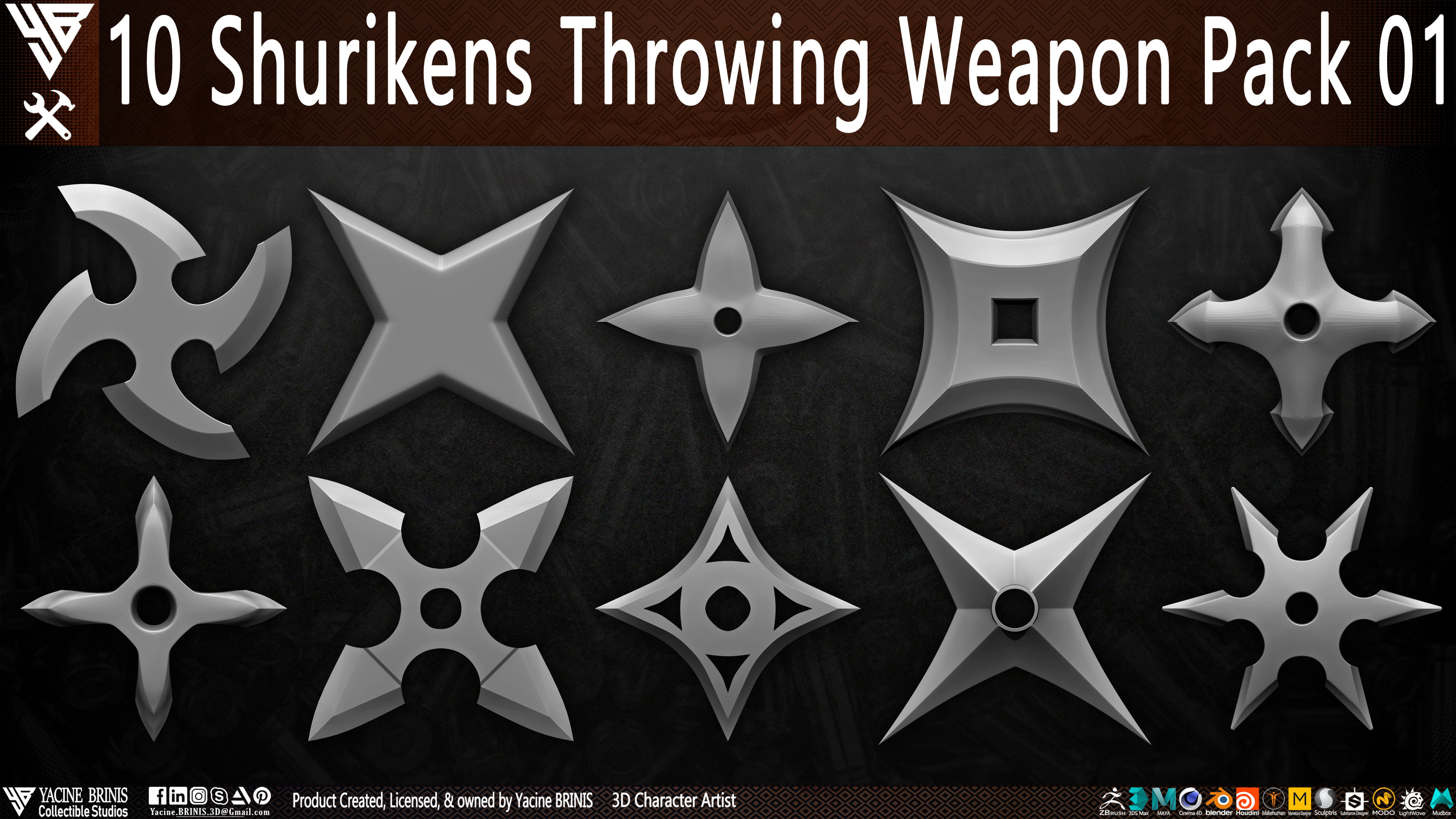 10 Shuriken Throwing Weapons Pack 01 Low-poly 3D model_1
