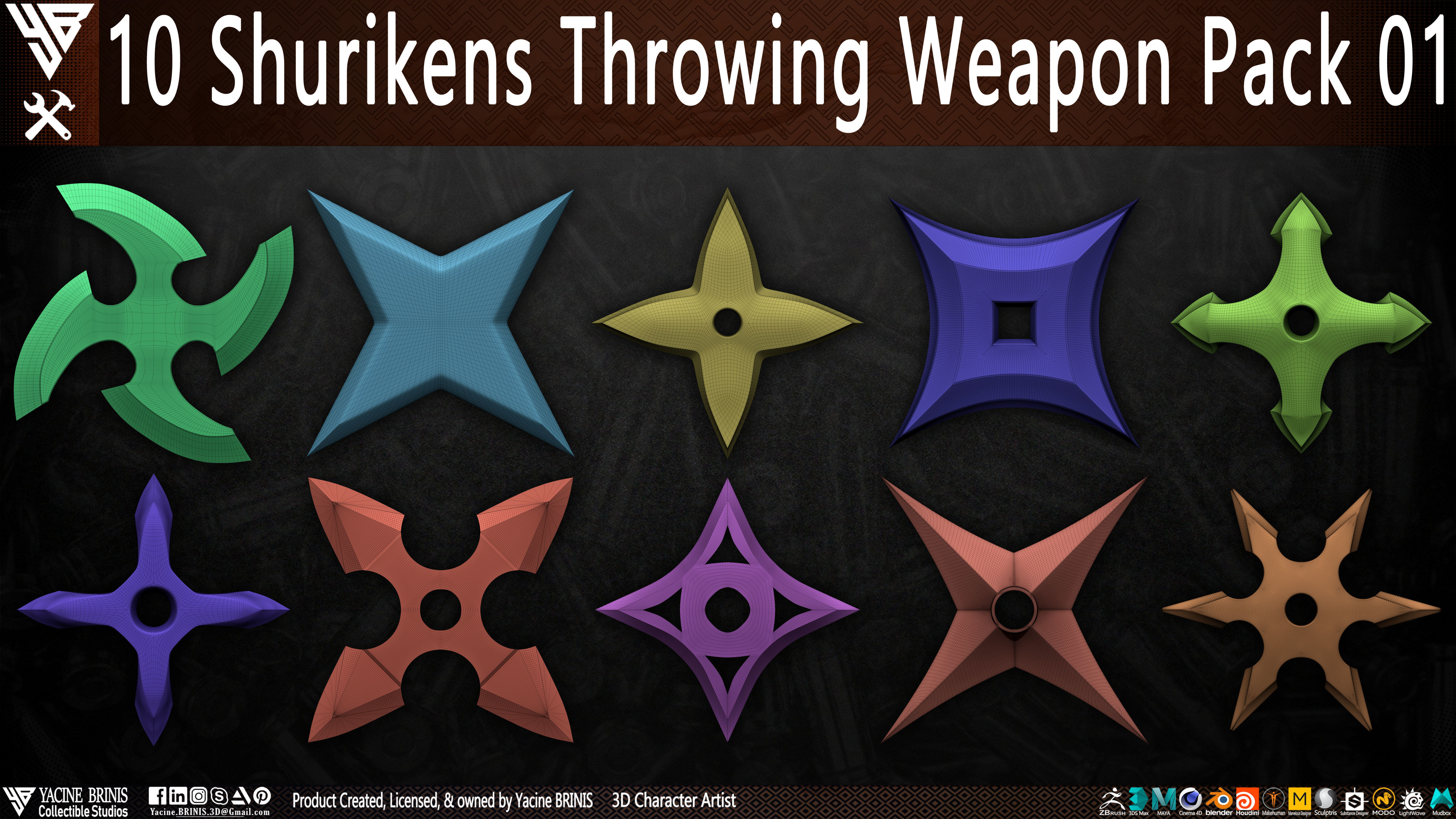 10 Shuriken Throwing Weapons Pack 01 Low-poly 3D model_2