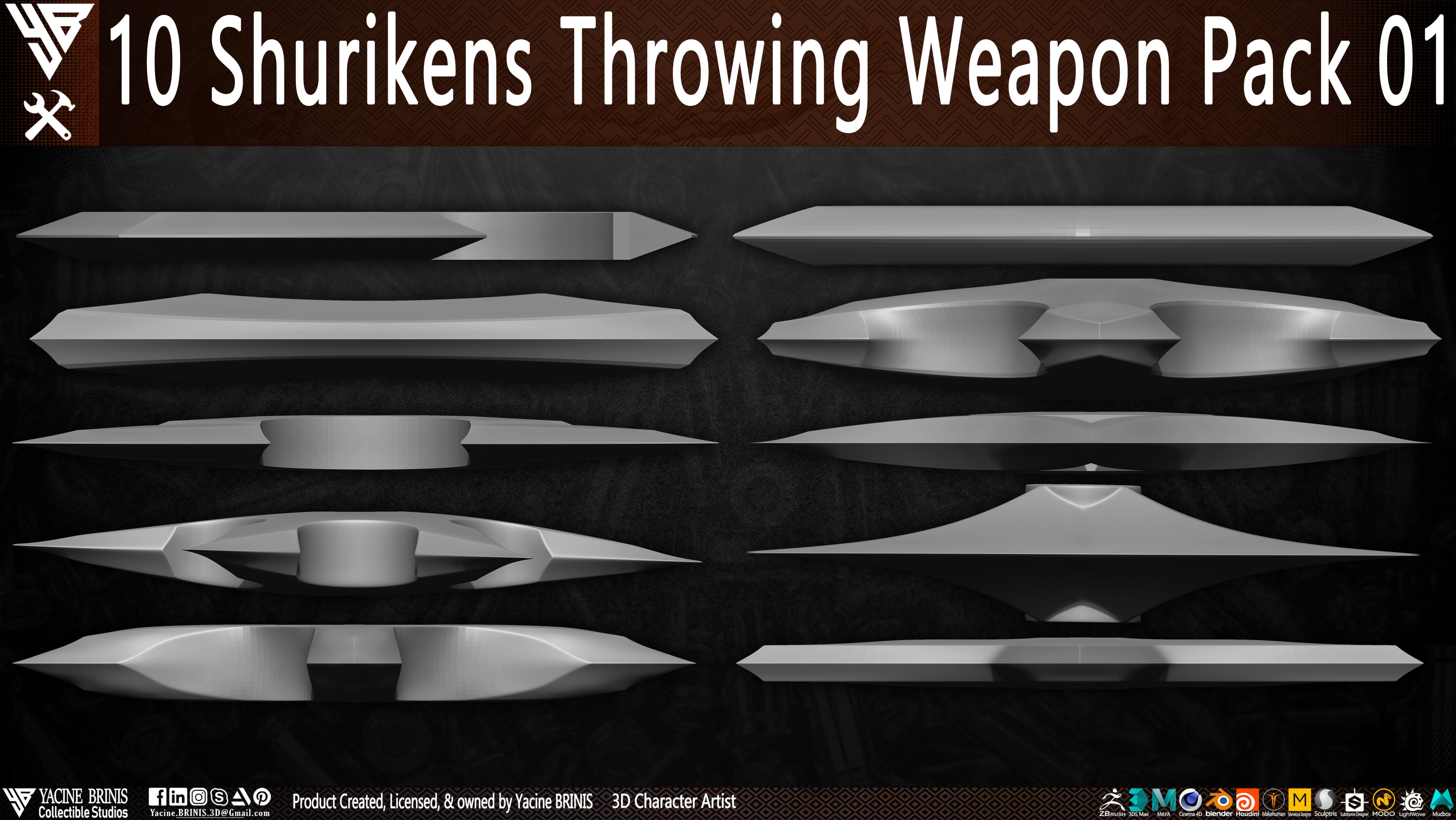 10 Shuriken Throwing Weapons Pack 01 Low-poly 3D model_3