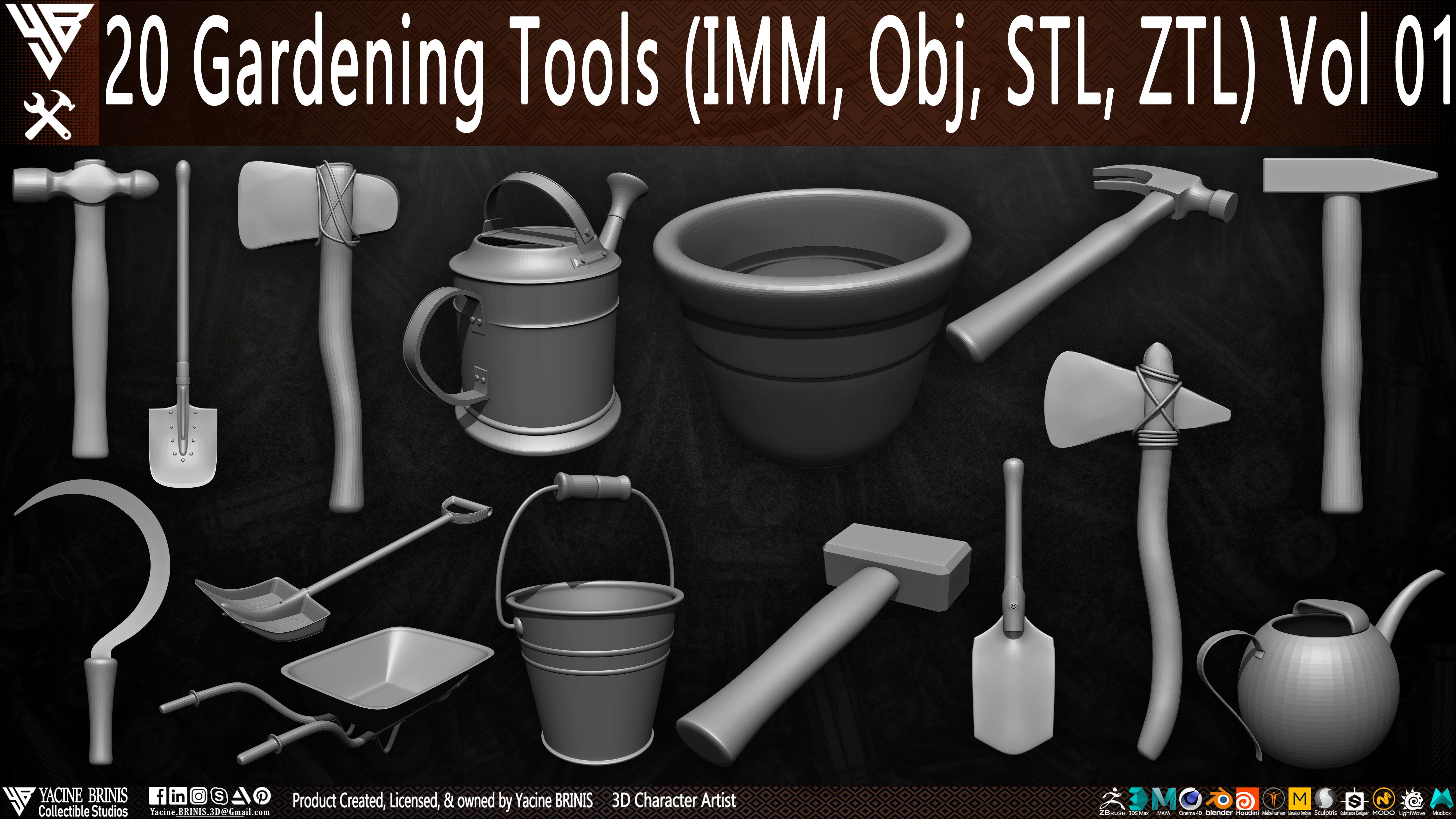 20 Gardening Tools Pack 01 Low-poly 3D model_1