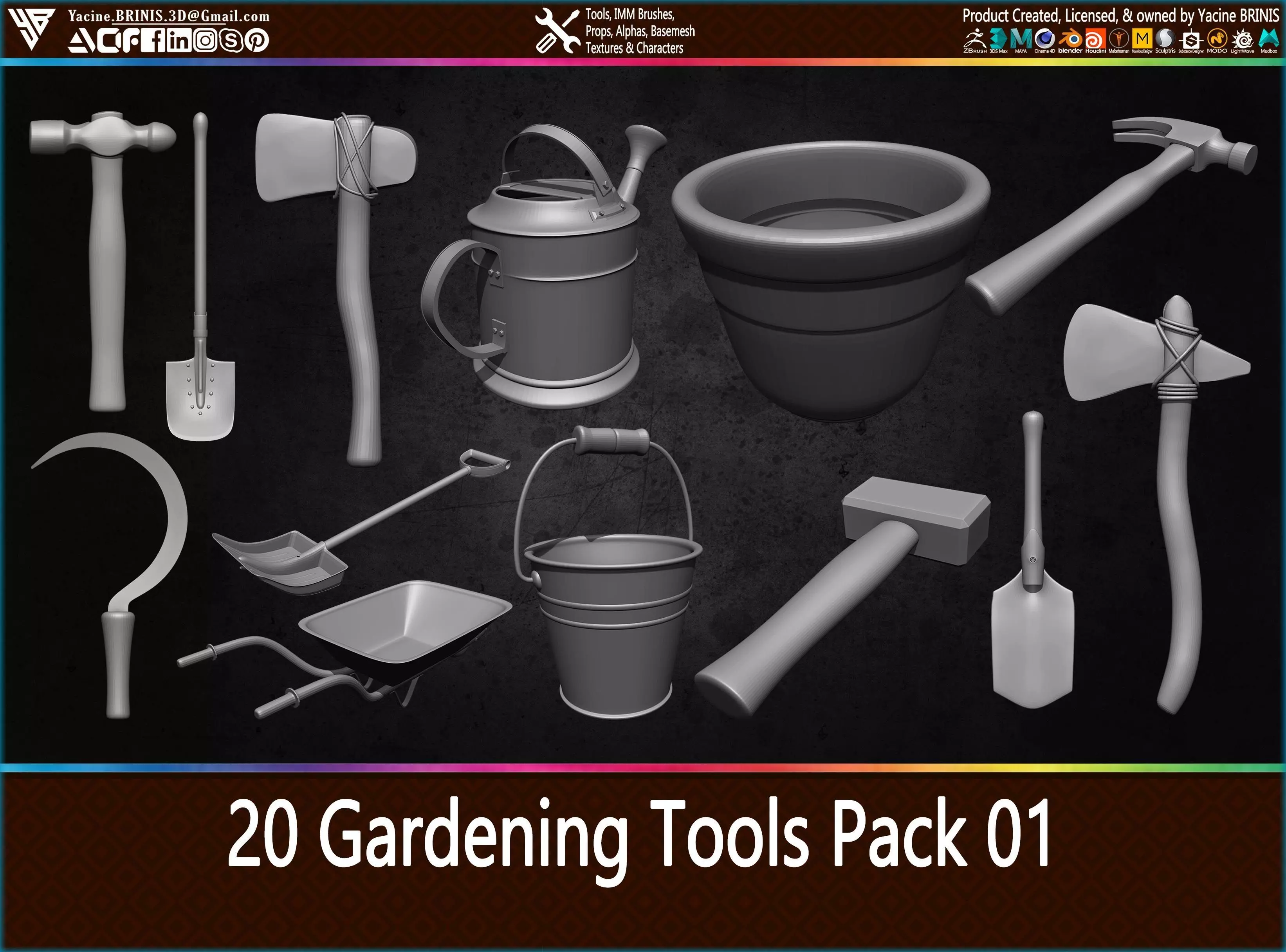 20 Gardening Tools Pack 01 Low-poly 3D model_0