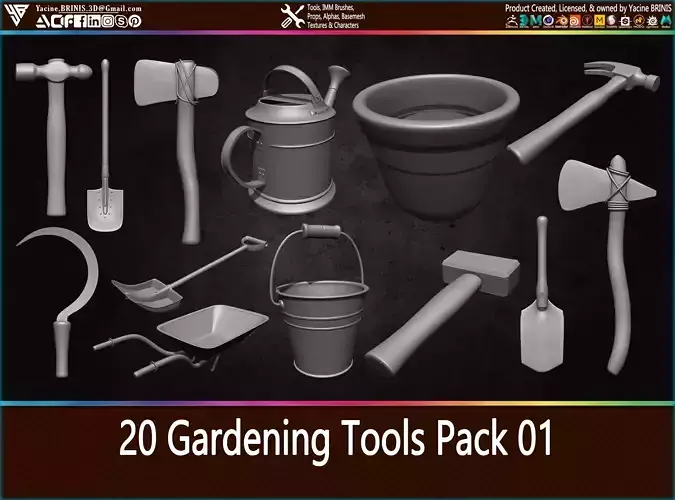 20 Gardening Tools Pack 01 Low-poly 3D model