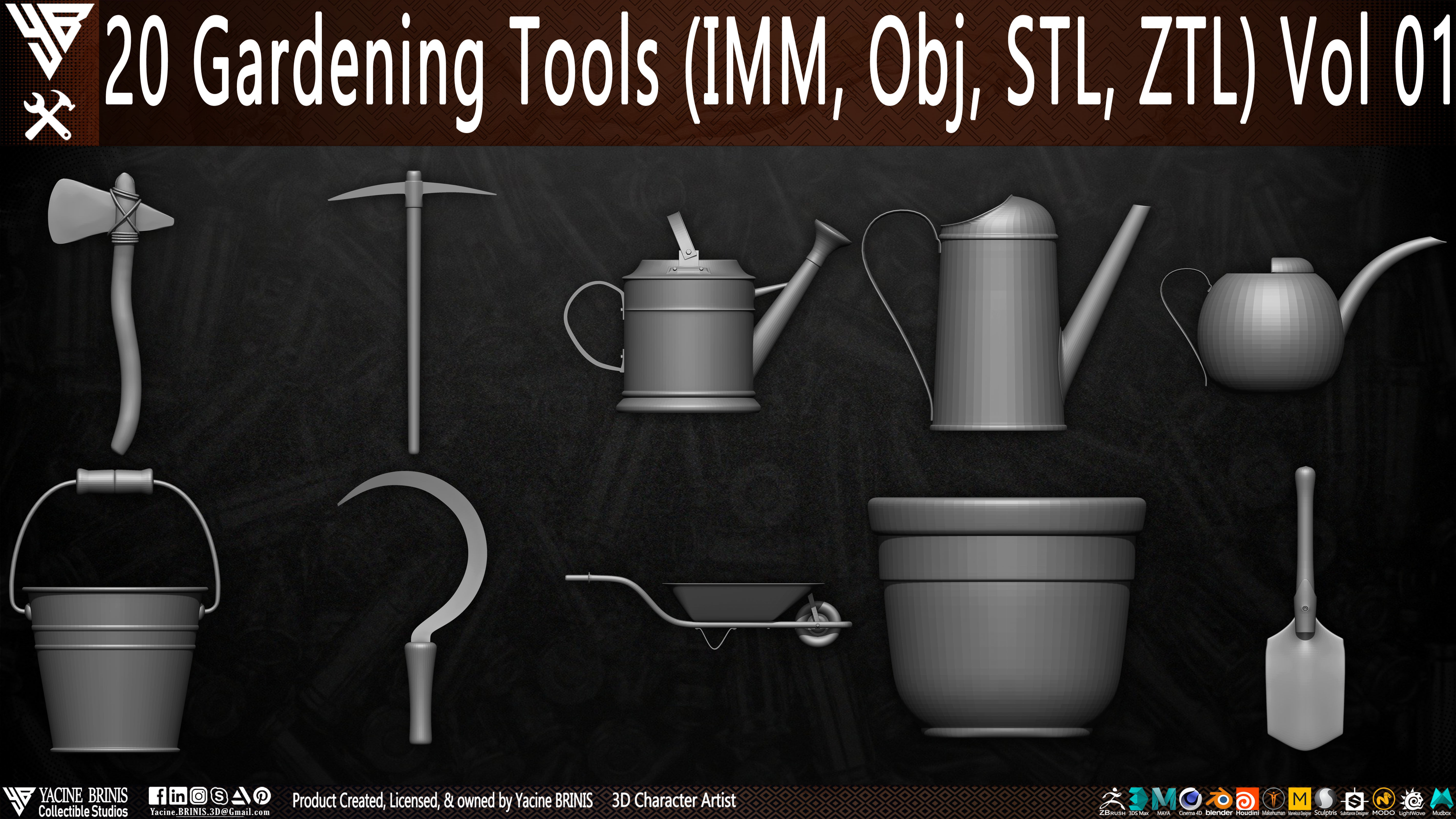 20 Gardening Tools Pack 01 Low-poly 3D model_3