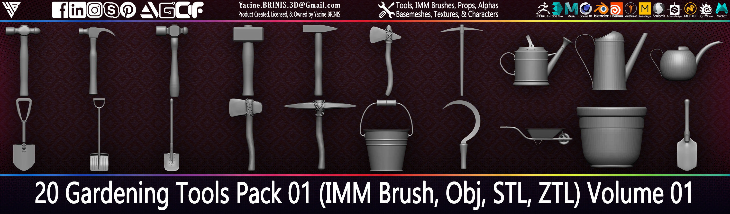 20 Gardening Tools Pack 01 Low-poly 3D model_27