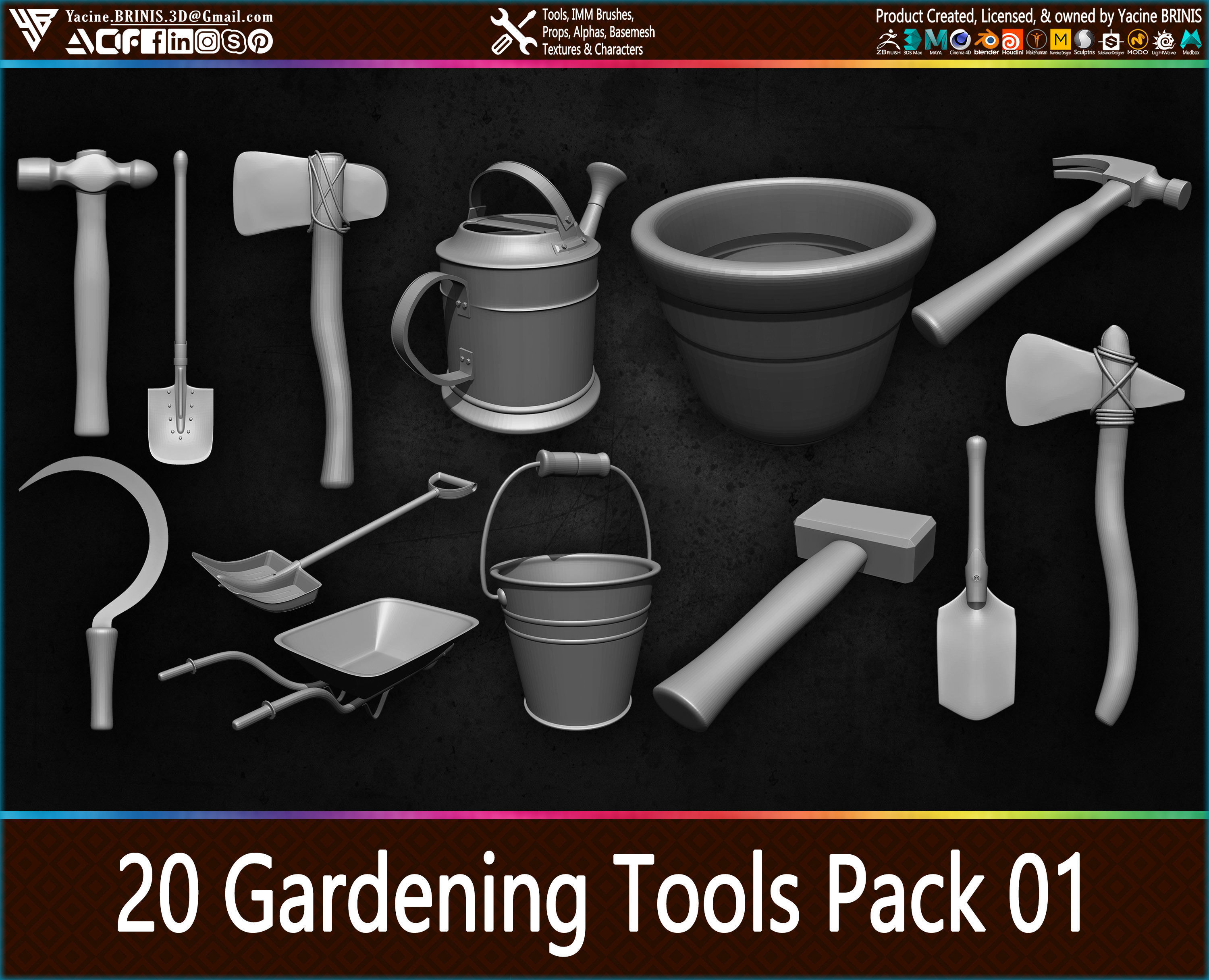 20 Gardening Tools Pack 01 Low-poly 3D model_26