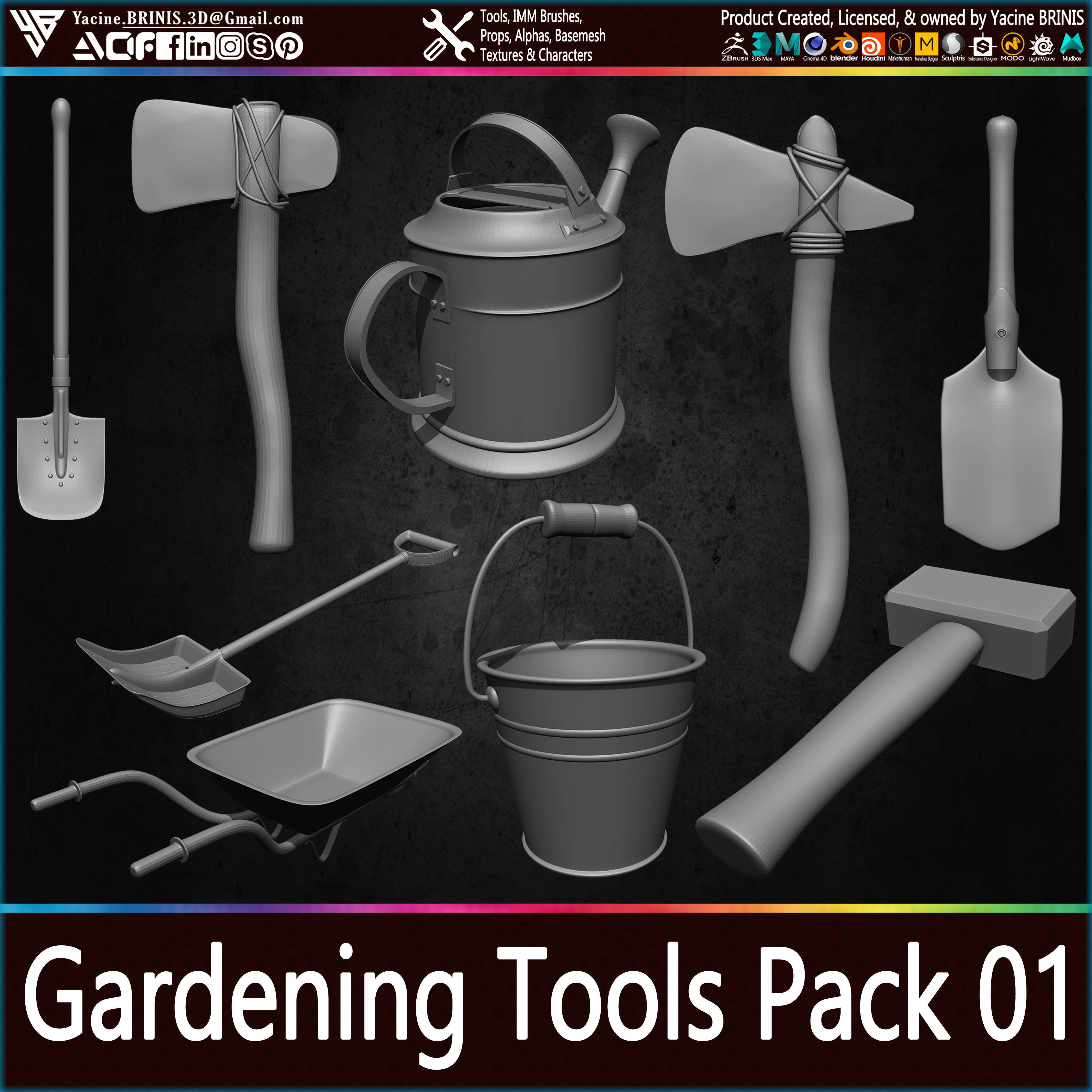 20 Gardening Tools Pack 01 Low-poly 3D model_28