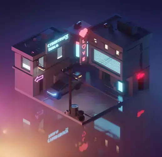 Cyberpunk city 3D street under a lamp in the evening