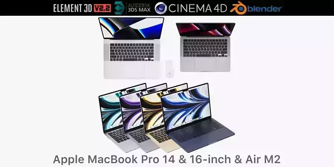 Apple MacBook Air M2 2022 and Pro 14-inch and 16-inch 3D model