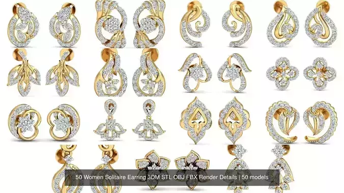 50 Women Earrings 3DM STL OBJ FBX Render Details Collection