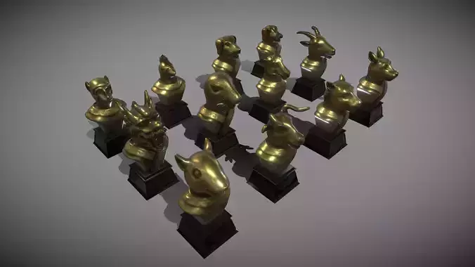  12 Animal Bronze Statues Low-poly 3D model