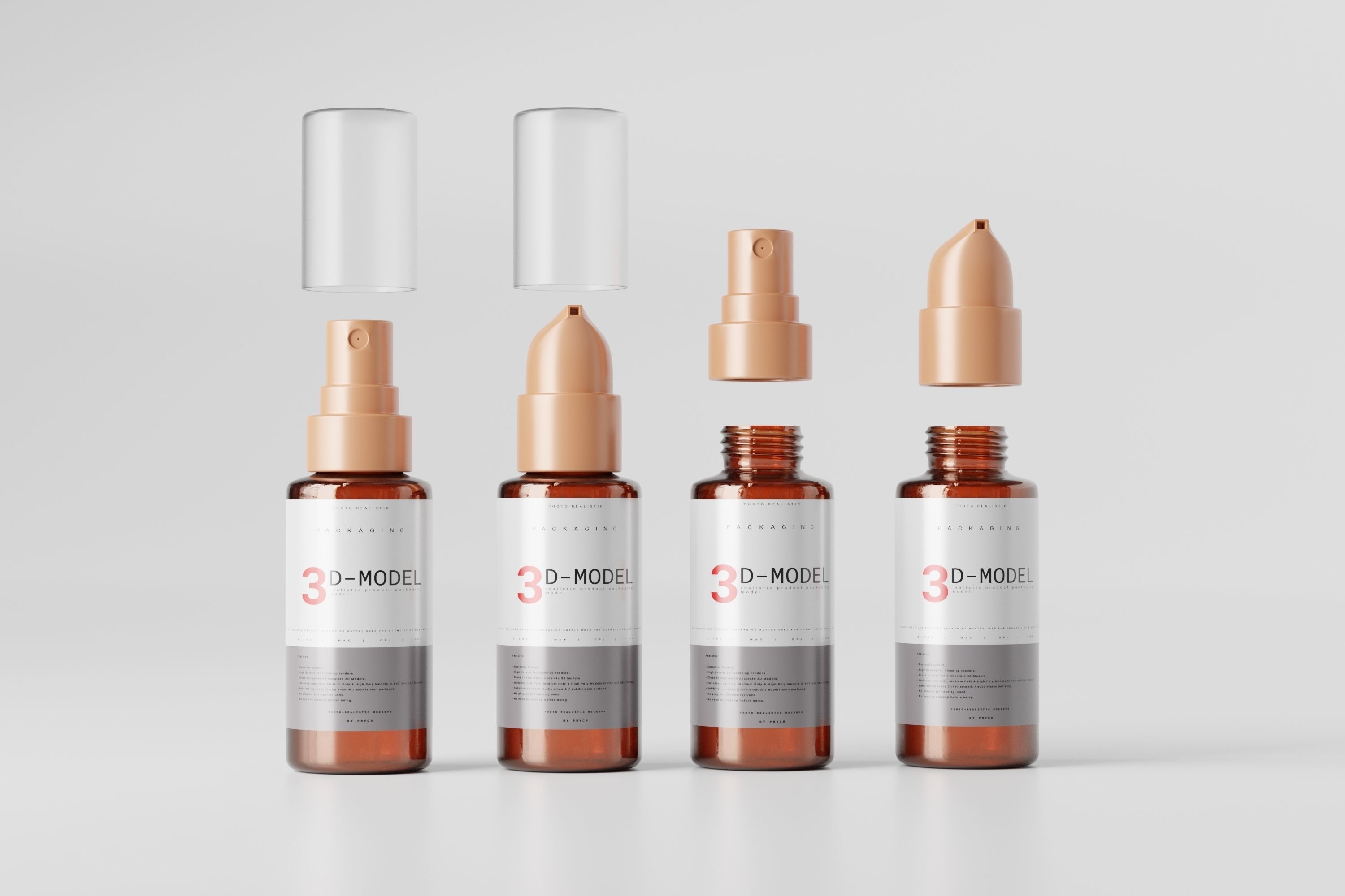 Amber Glass Tiny Airless Pump Bottle and Spray Bottle Low-poly 3D model_15