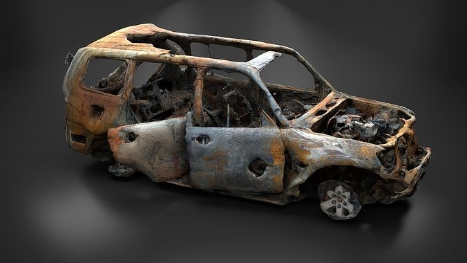 Destroyed and burnt civil car Photoscan PBR Game Ready Low-poly 3D model