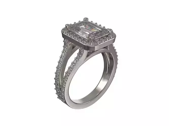 Custom ring with radiant and round brilliants and halo