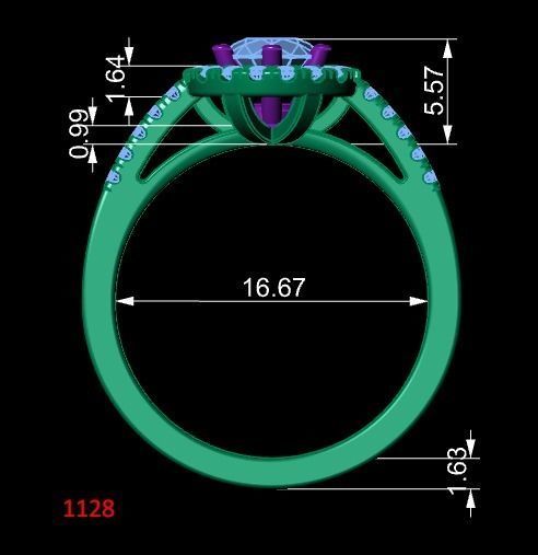 Custom engagement ring with halo and diamonds 3D print model_1