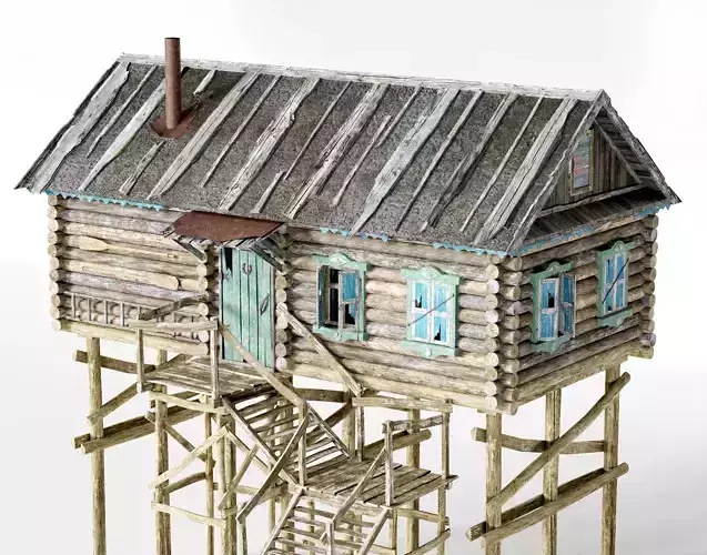 Old wooden damaged village house B da1 Low-poly 3D model