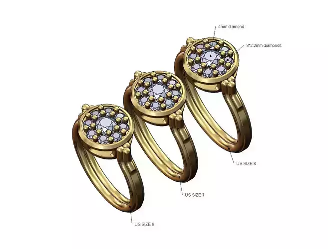 Round diamond cluster bead and rope ring US sizes 6 7 8