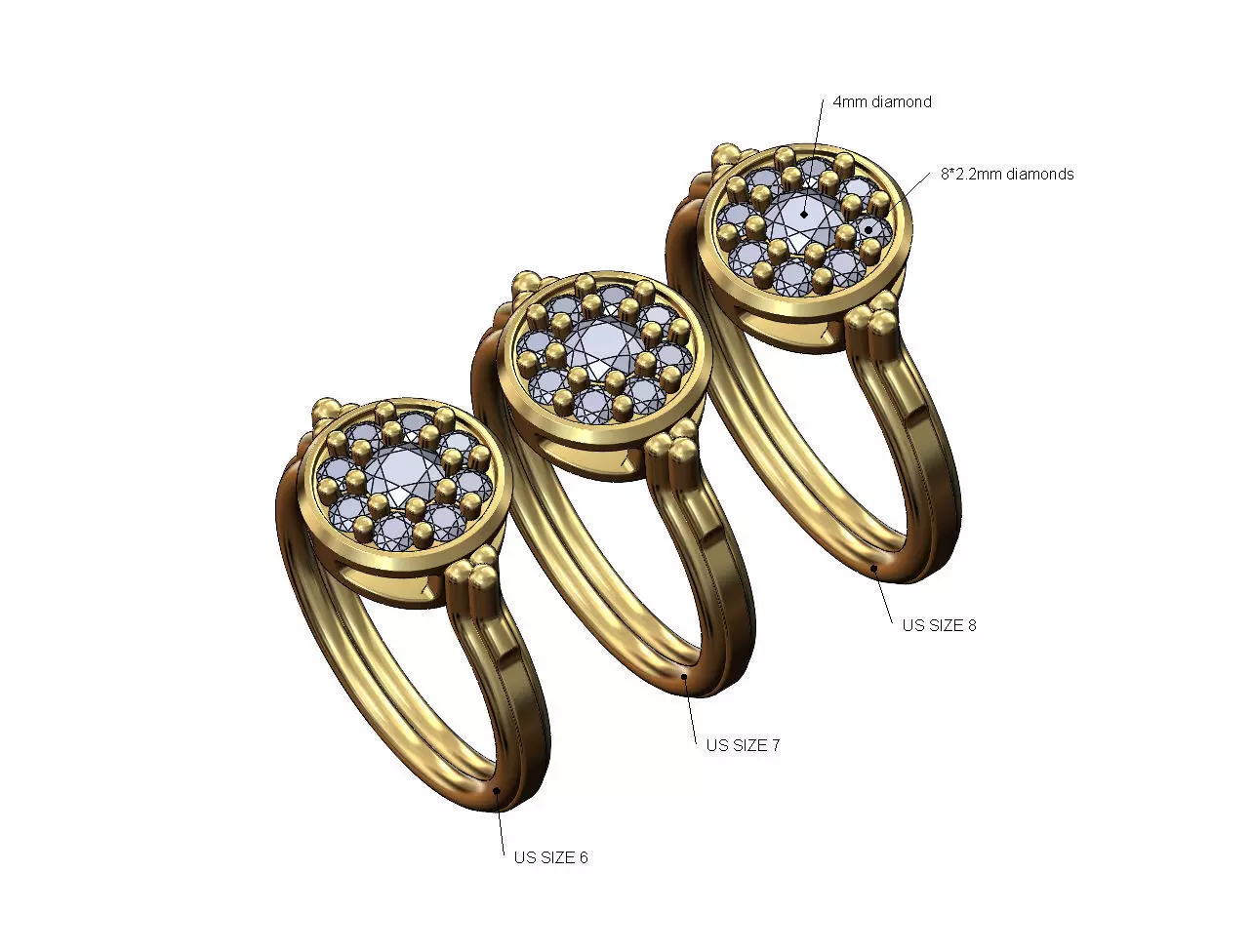 Round diamond cluster bead and rope ring US sizes 6 7 8 3D print model_0