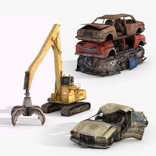 Damaged Rusted Cars with Grab Crane - Junkyard Part 2  Low-poly 3D model