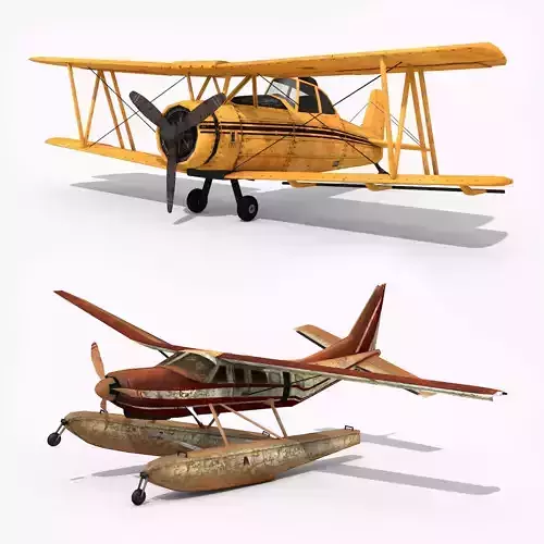 2 Lowpoly Airplanes vintage biplane Low-poly 3D model