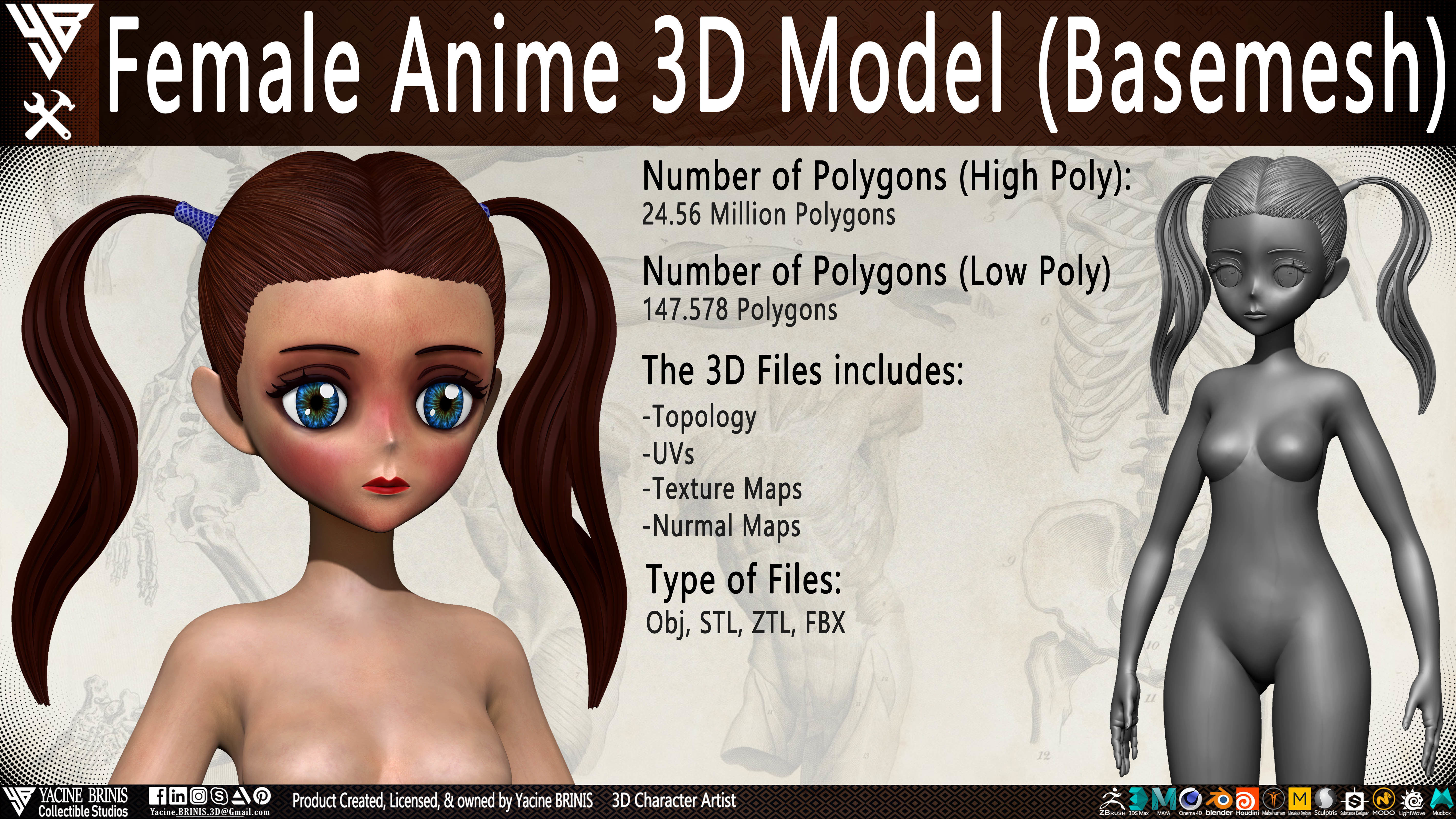 Female Anime Base-mesh 3D Model Vol 01 Low-poly 3D model_20