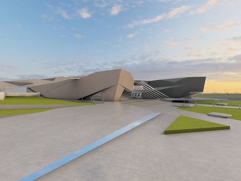 Museum futuristic building in desert 3D model_2