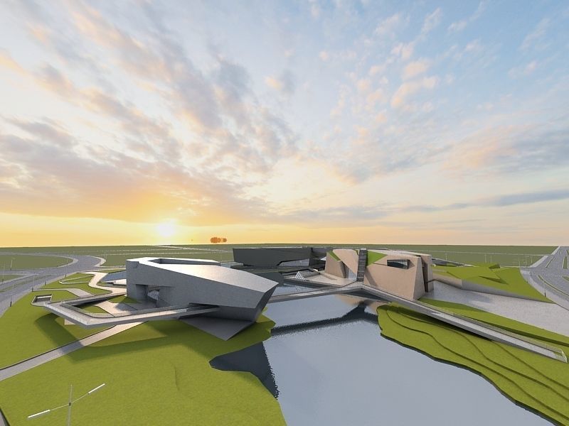 Museum futuristic building in desert 3D model_4