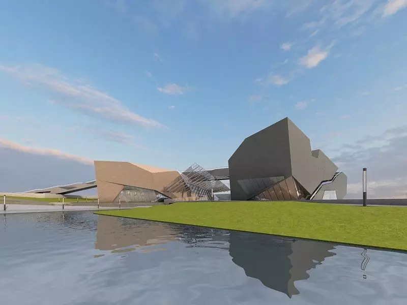 Museum futuristic building in desert 3D model_0