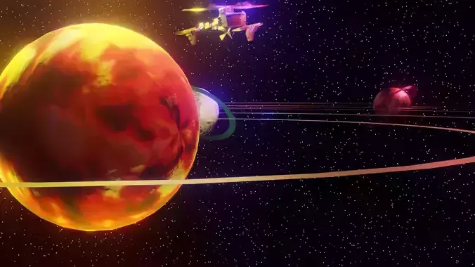 universe 3d model planet in space with flying saucer Low-poly 3D model