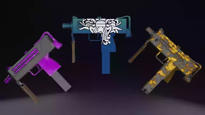 Three stylized Mac-10 PBR game ready Low-poly 3D models Low-poly 3D model