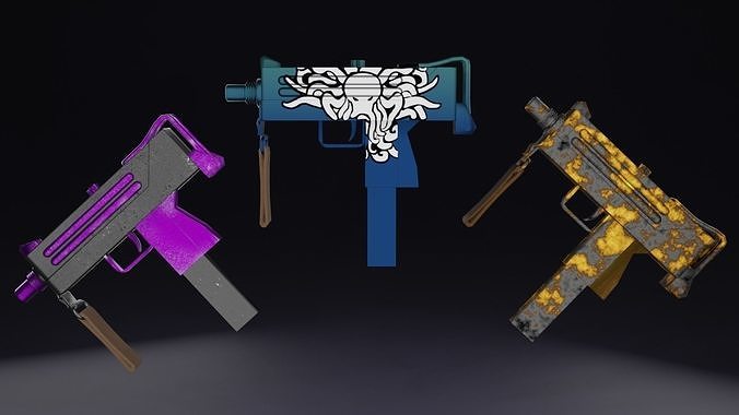 Three stylized Mac-10 PBR game ready Low-poly 3D models Low-poly 3D model