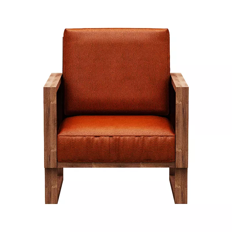 Armchair orange leather lounge chair with wooden frame Low-poly 3D model_0