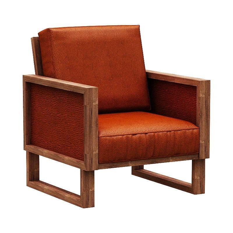 Armchair orange leather lounge chair with wooden frame Low-poly 3D model_1