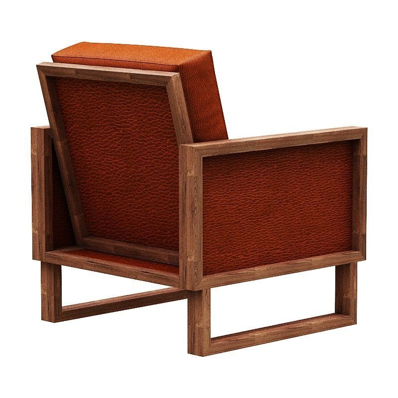 Armchair orange leather lounge chair with wooden frame Low-poly 3D model_4