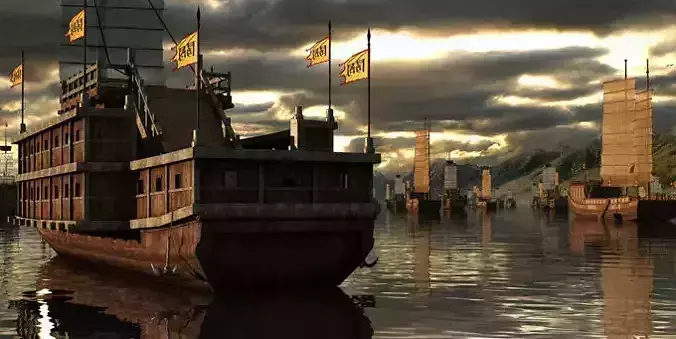 Ancient Chinese naval battle scene warship