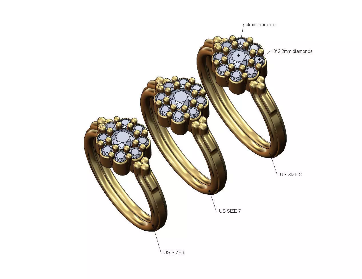 Bubble diamond cluster bead and rope ring US sizes 6 7 8 3D print model_0